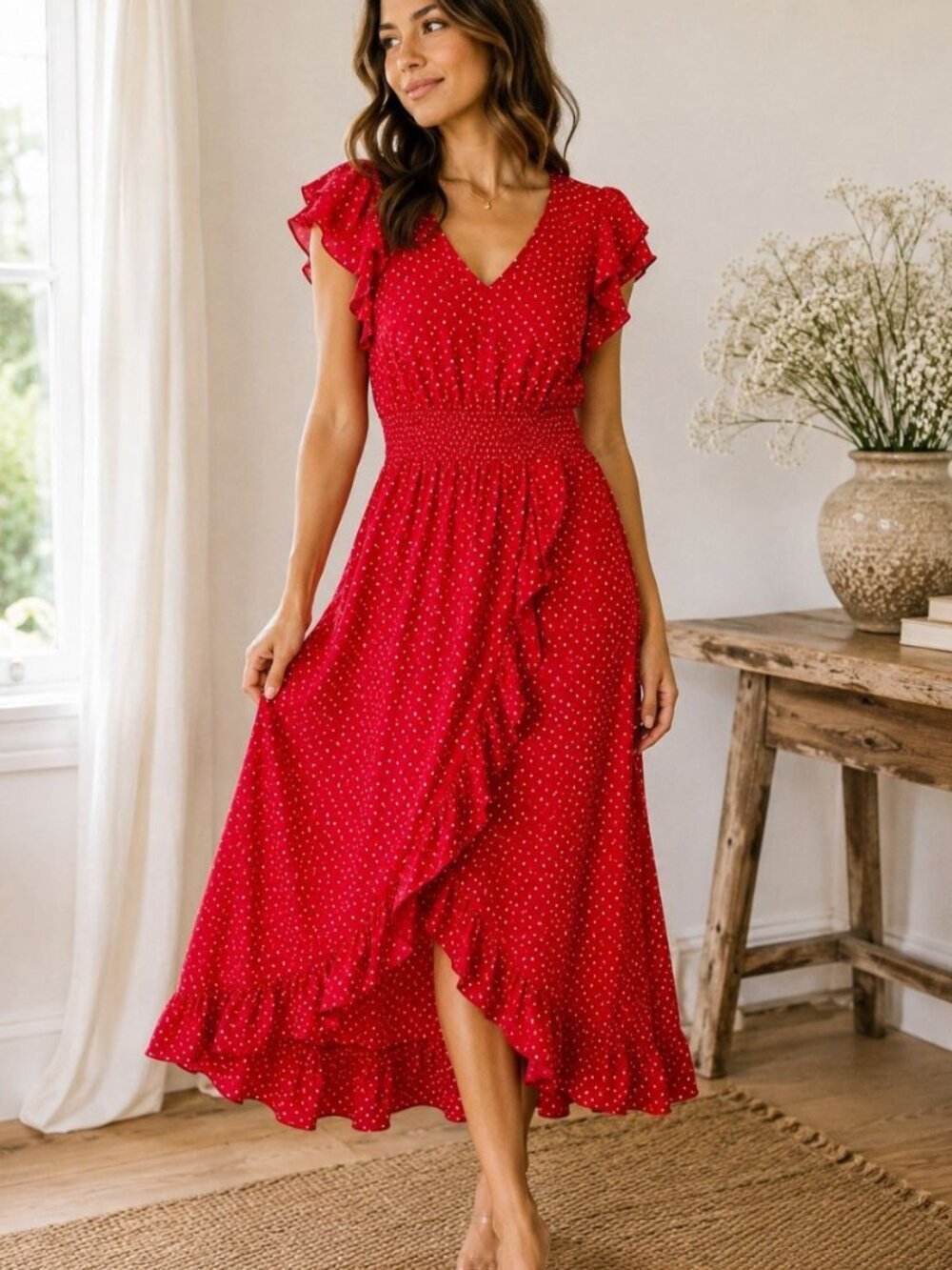 Red Polka Dot Romantic Maxi Dress Ruffle Flowy Cottagecore Women XL Flutter Slee